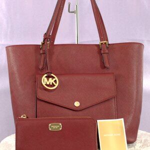 Michael Kors Jet Set Travel Tote & Wallet Set – Dark Red Saffiano Leather